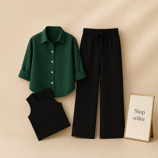 BOTTLE GREEN BUTTON SHIRT WITH BLACK FLAPPER AND BLACK TANK TOP