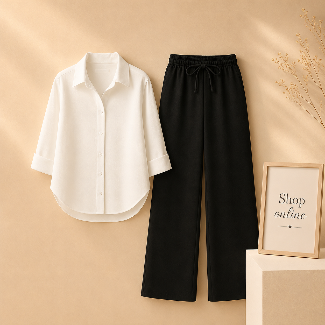 WHITE BUTTON SHIRT WITH BLACK FLAPPER