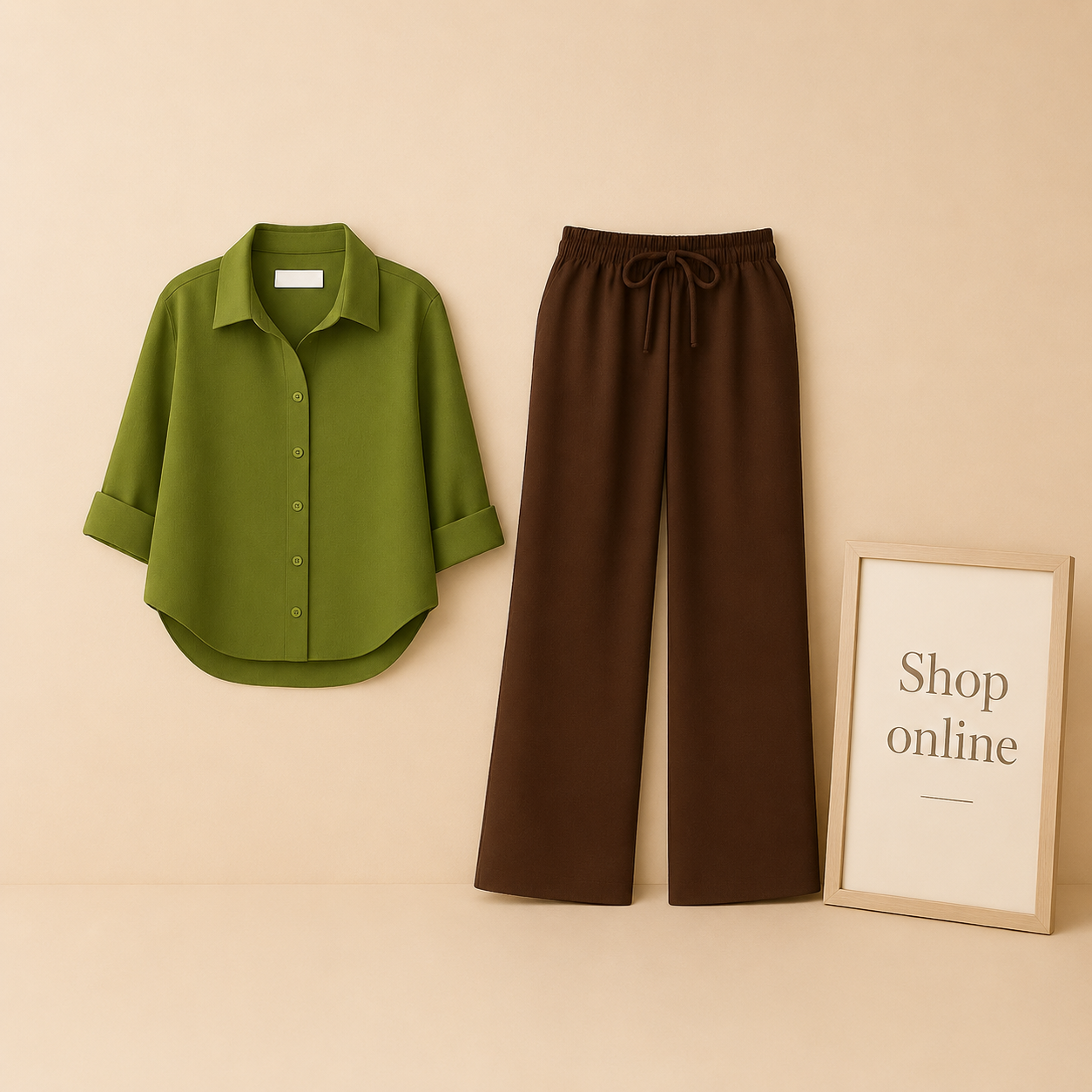 OLIVE GREEN BUTTON SHIRT WITH BROWN FLAPPER