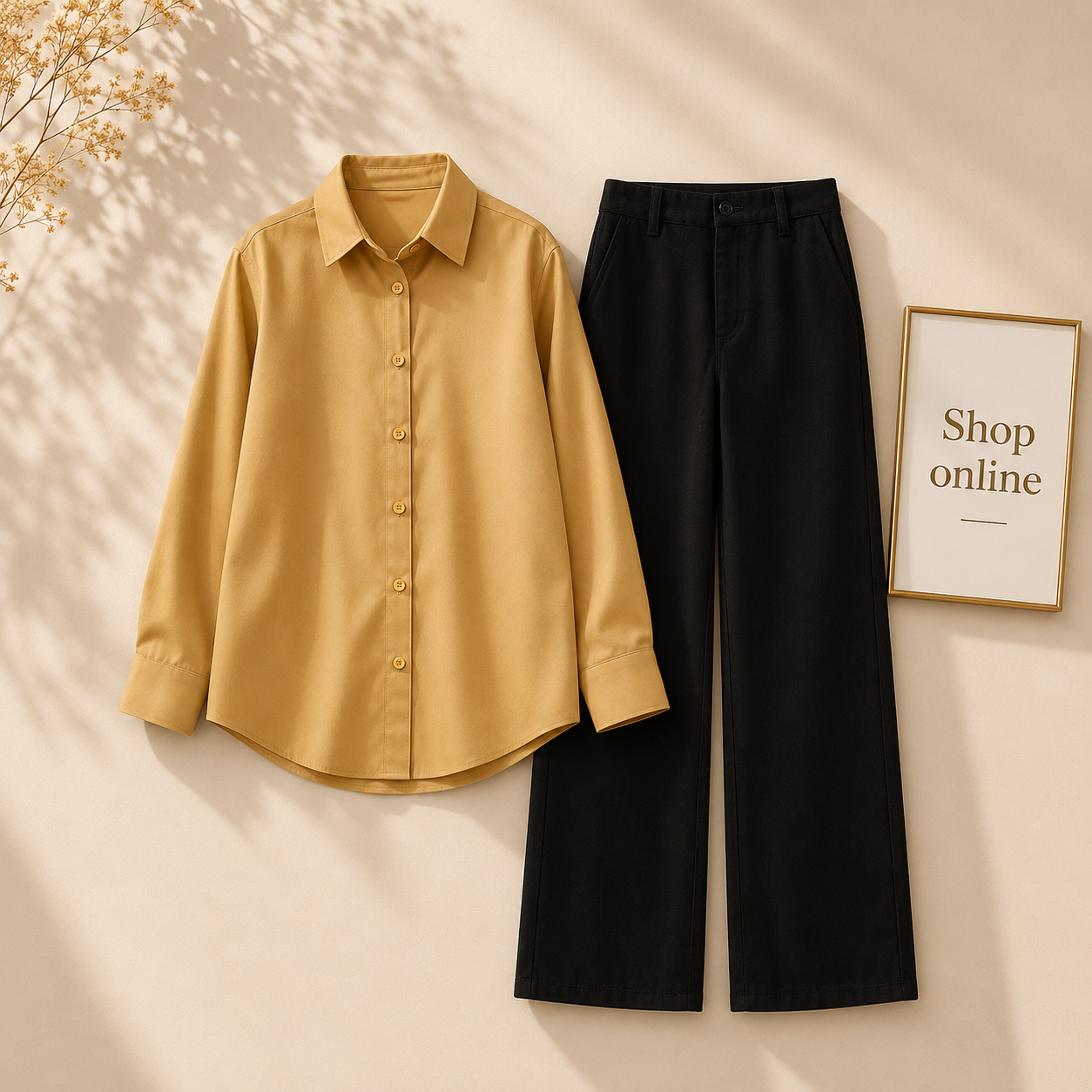 BIEGE BUTTON SHIRT WITH BLACK WIDE LEG JEANS