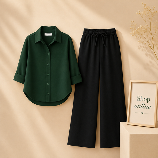 BOTTLE GREEN BUTTON SHIRT WITH BLACK FLAPPER