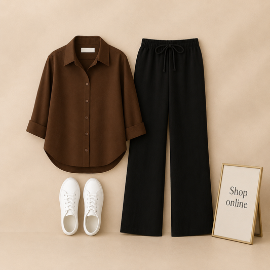 BROWN BUTTON SHIRT WITH BLACK FLAPPER