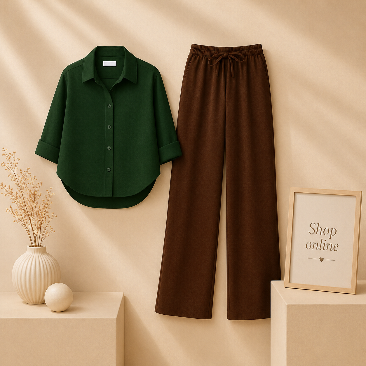 BOTTLE GREEN BUTTON SHIRT WITH BROWN FLAPPER