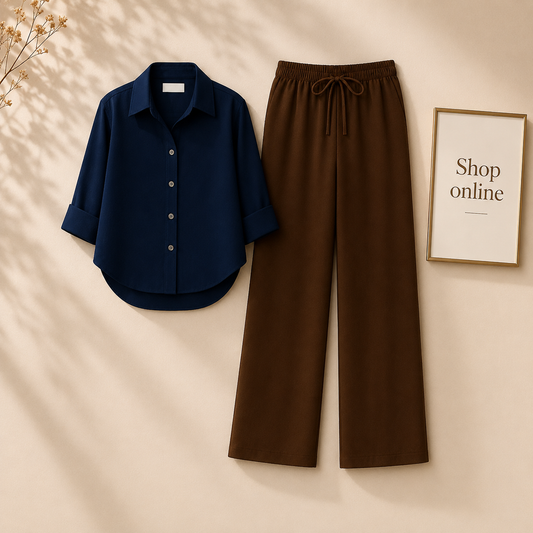NAVY BLUE BUTTON SHIRT WITH BROWN FLAPPER