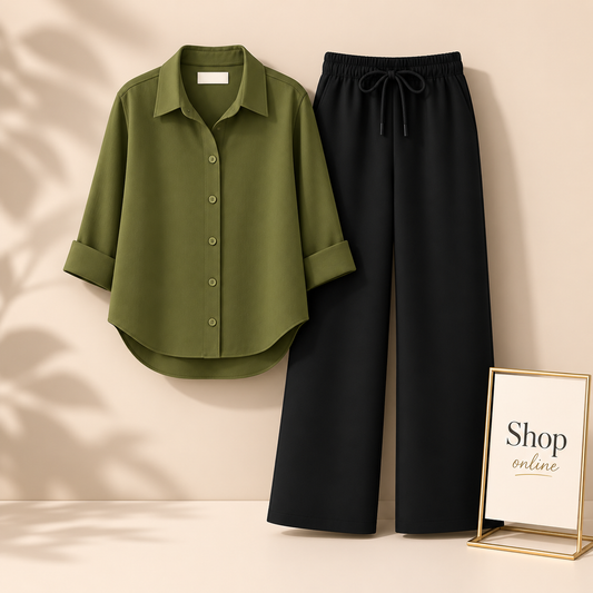 OLIVE GREEN BUTTON SHIRT WITH BLACK FLAPPER