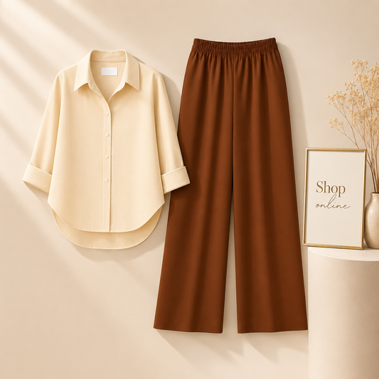 BEIGE BUTTON SHIRT WITH BROWN FLAPPER