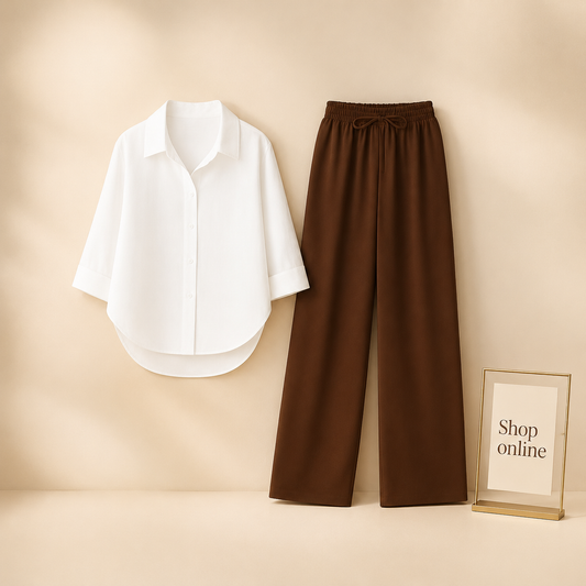 WHITE BUTTON SHIRT WITH BROWN FLAPPER