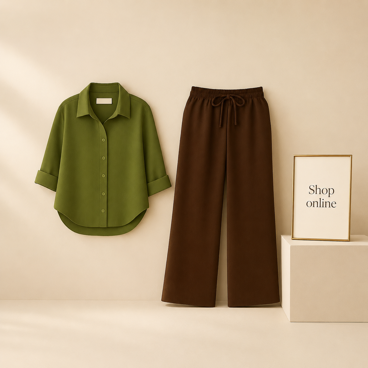 OLIVE GREEN BUTTON SHIRT WITH BROWN FLAPPER