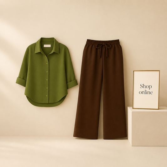 OLIVE GREEN BUTTON SHIRT WITH BROWN FLAPPER