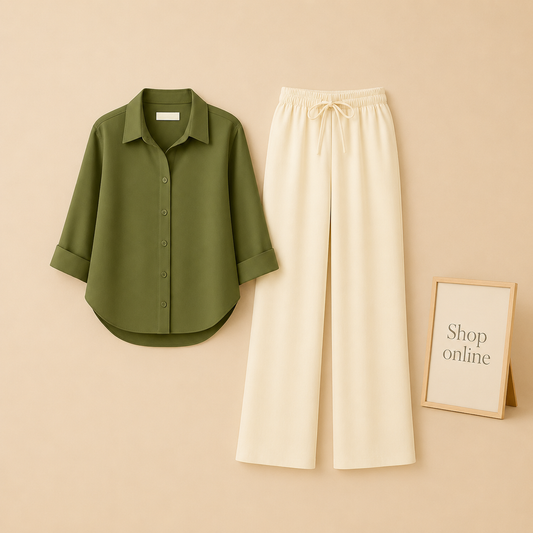 OLIVE GREEN BUTTON SHIRT WITH BEIGE FLAPPER