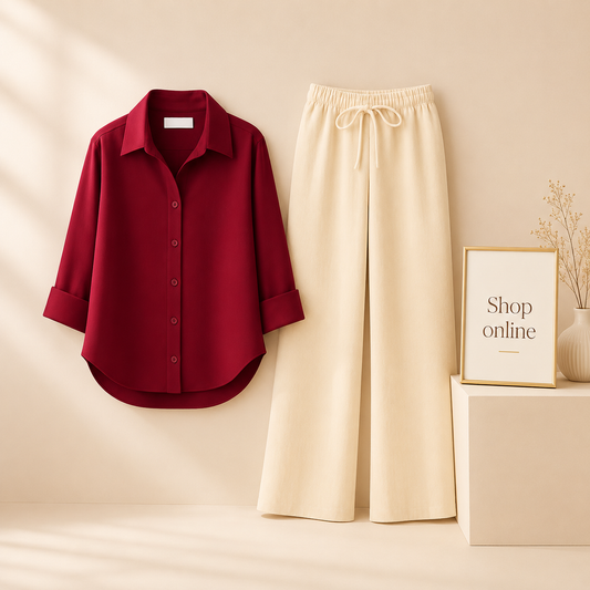 MAROON BUTTON SHIRT WITH BEIGE FLAPPER
