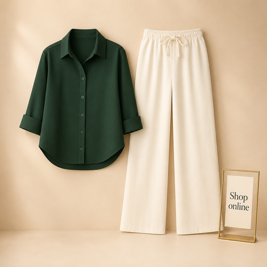 BOTTLE GREEN BUTTON SHIRT WITH BEIGE FLAPPER