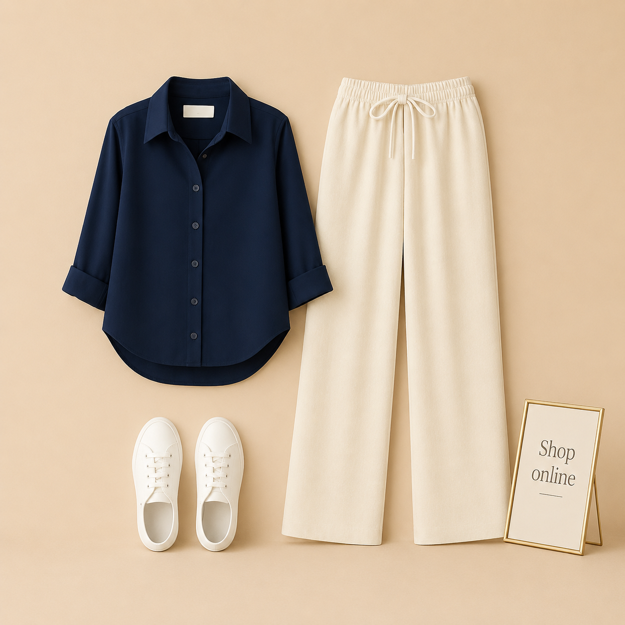 NAVY BLUE BUTTON SHIRT WITH BEIGE FLAPPER