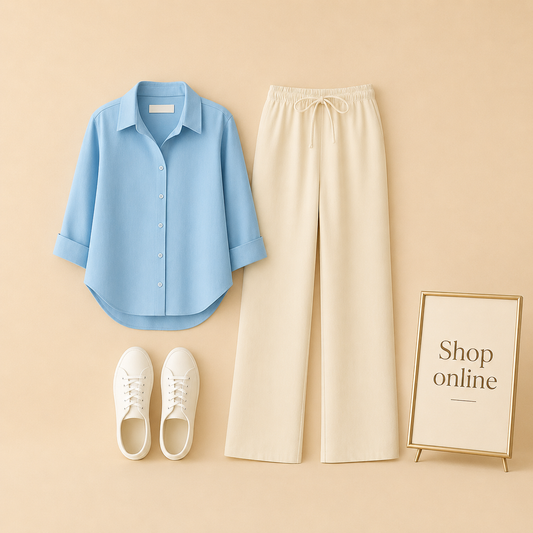 SKY BLUE BUTTON SHIRT WITH BEIGE FLAPPER