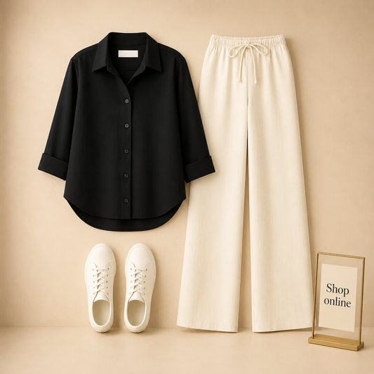 BLACK BUTTON SHIRT WITH BEIGE FLAPPER