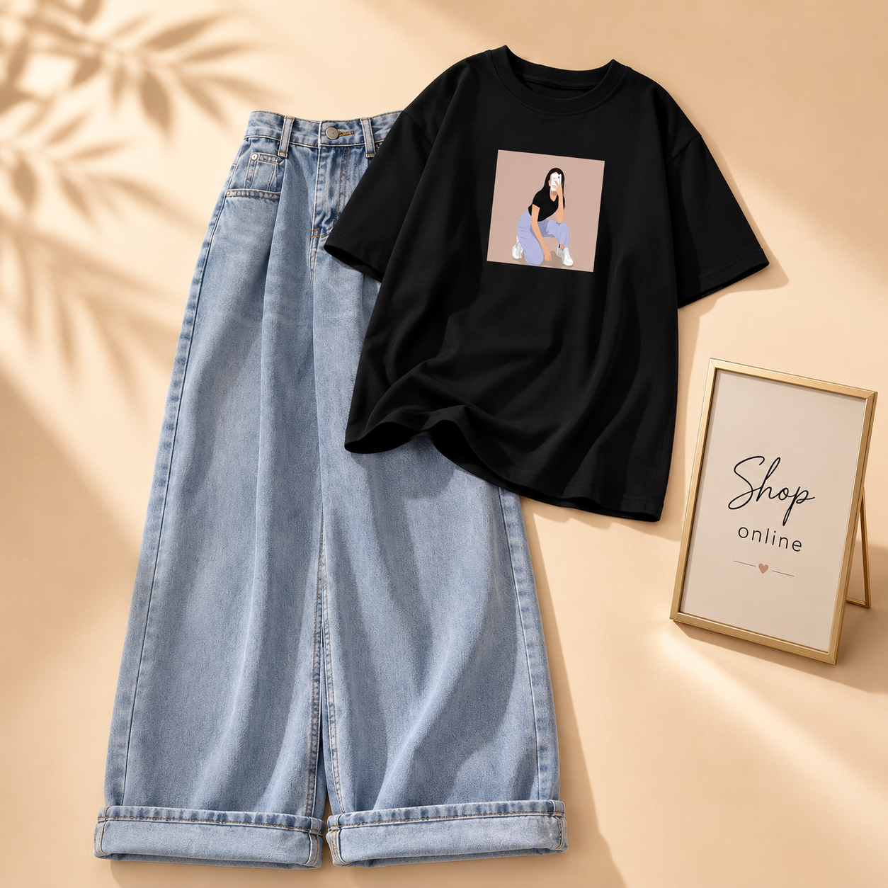 BLACK TEE SITTING GIRL WITH ICE BLUE WIDE LEG JEANS