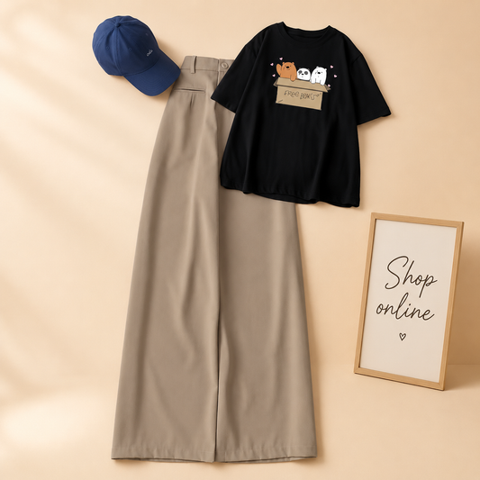 BLACK FREE BEAR TEE WITH BEIGE WIDE LEG JEANS