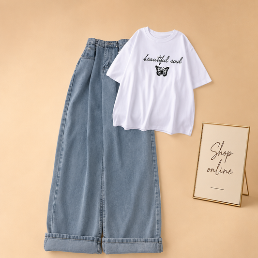 WHITE BEAUTIFUL SOUL BUTTERFLY TEE WITH ICE BLUE WIDE LEG