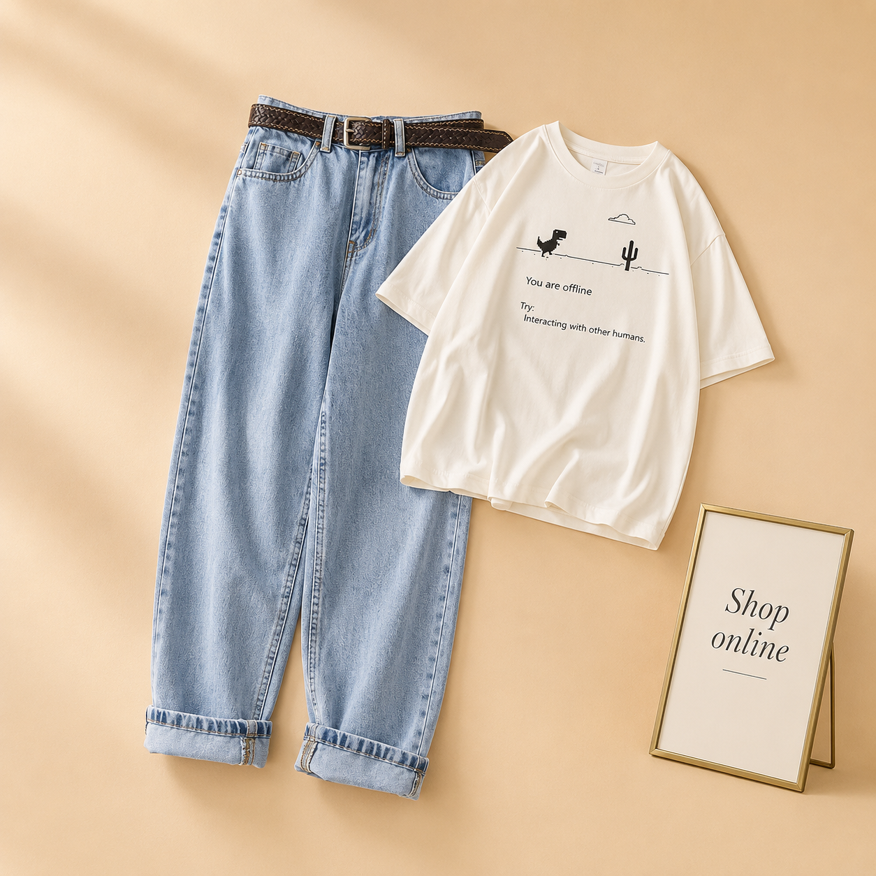 WHITE TEE OFFLINE WITH ICE BLUE MOM JEANS
