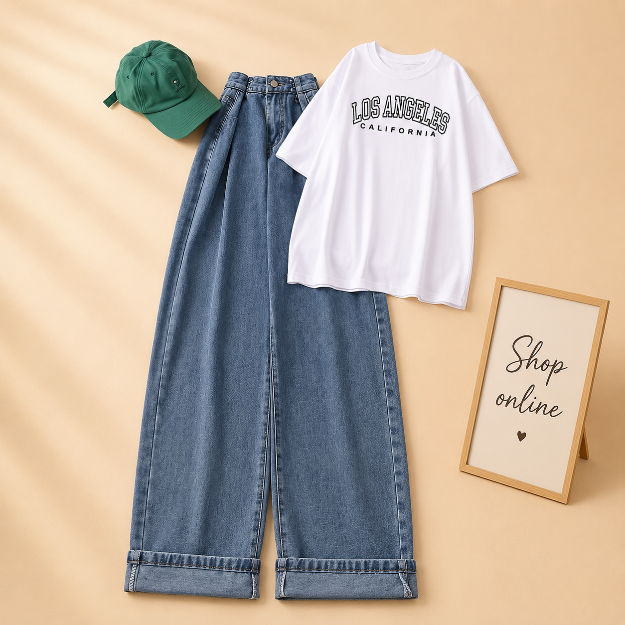 WHITE TEE LOS ANGLES WITH SKY BLUE WIDE LEG JEANS