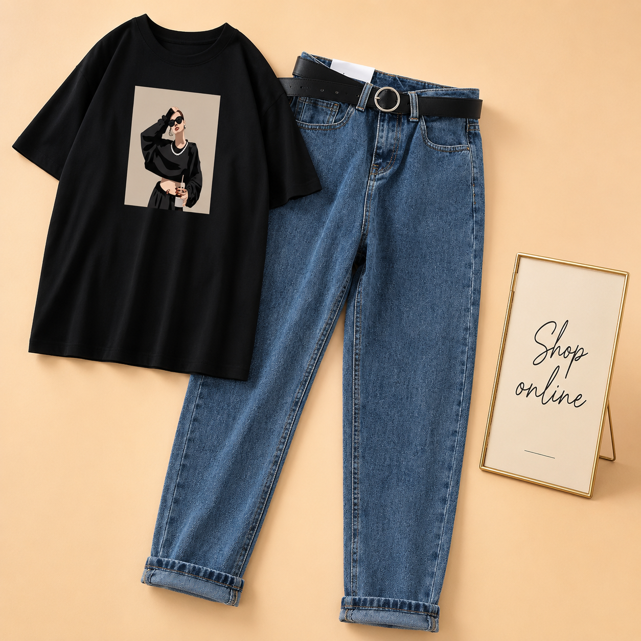 BLACK TEE NECKLACE GIRL WITH MID BLUE MOM JEANS