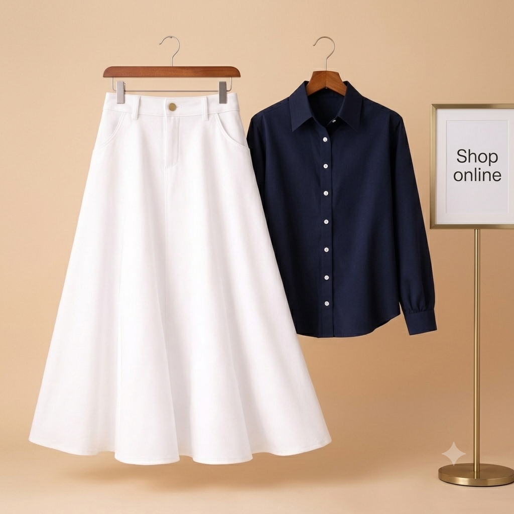NAVY BLUE BUTTON DOWN WITH WHITE TWILL LONG SKIRT