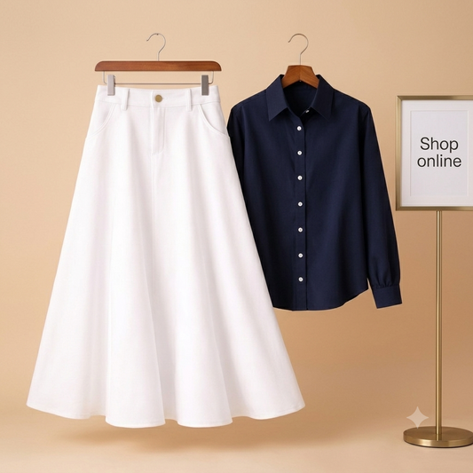 NAVY BLUE BUTTON DOWN WITH WHITE TWILL LONG SKIRT