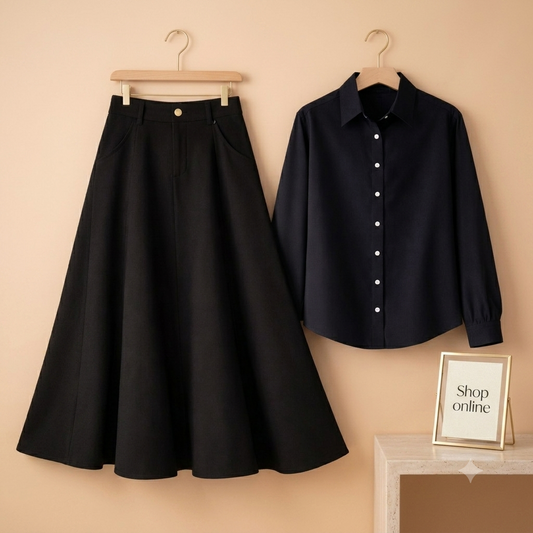 BLACK BUTTON DOWN WITH BLACK TWILL LONG SKIRT