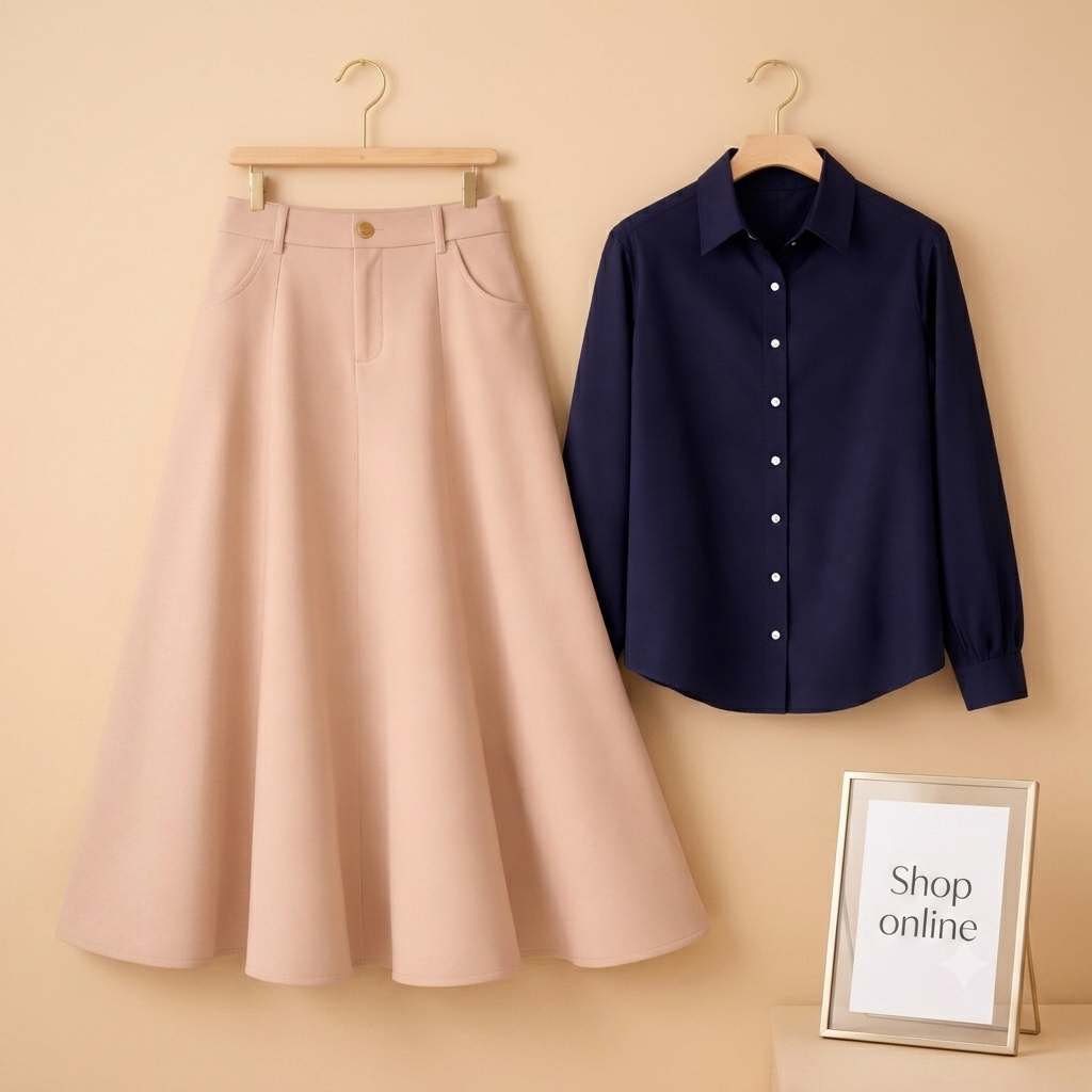 NAVY BLUE BUTTON DOWN WITH BEIGE TWILL LONG SKIRT