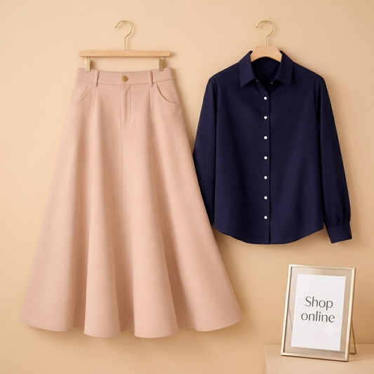 NAVY BLUE BUTTON DOWN WITH BEIGE TWILL LONG SKIRT