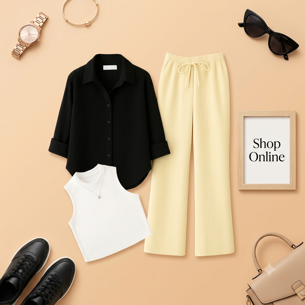 BLACK BUTTON WITH BEIGE FLAPPER AND WHITE TANK TOP