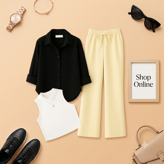 BLACK BUTTON WITH BEIGE FLAPPER AND WHITE TANK TOP