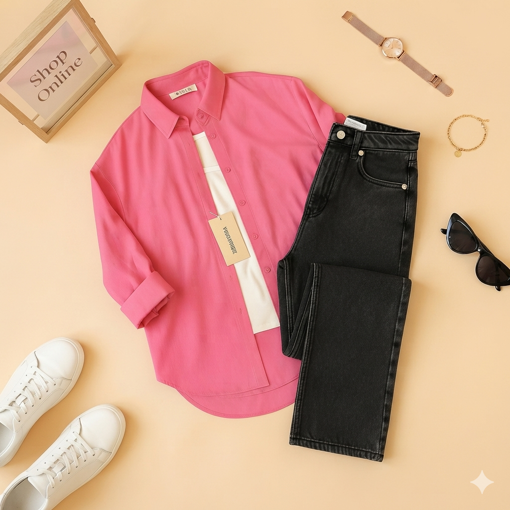 SHOCKING PINK BUTTON DOWN SHIRT WITH INNER AND CHARCOAL MOM JEANS