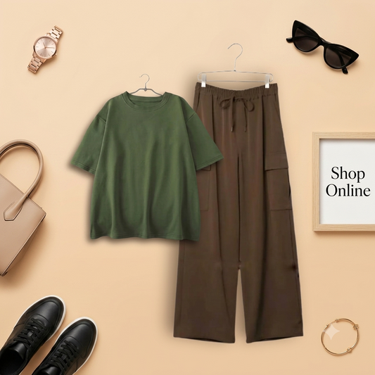 OLIVE GREEN TSHIRT WITH BROWN CARGO TROUSER