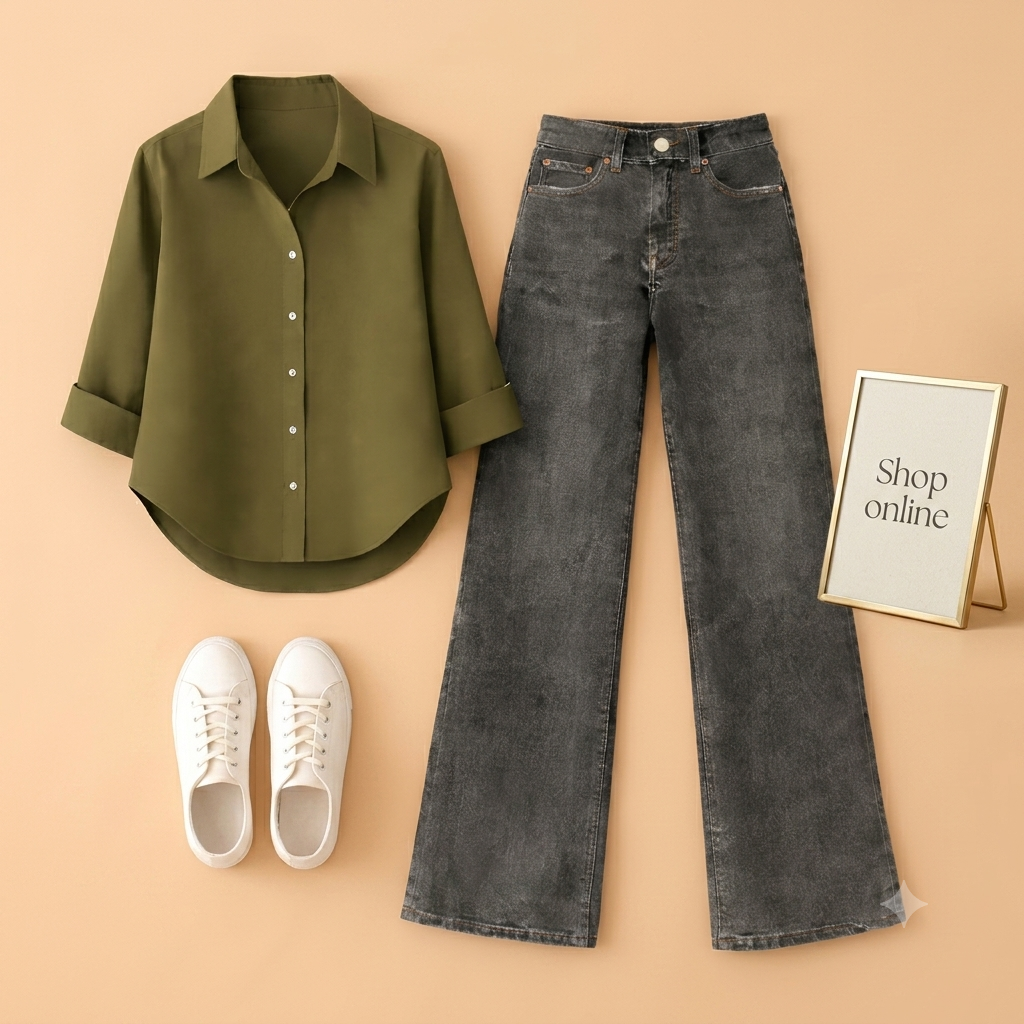 OLIVE GREEN BUTTON SHIRT WITH BLACK MALAYSIAN WIDE LEG JEANS