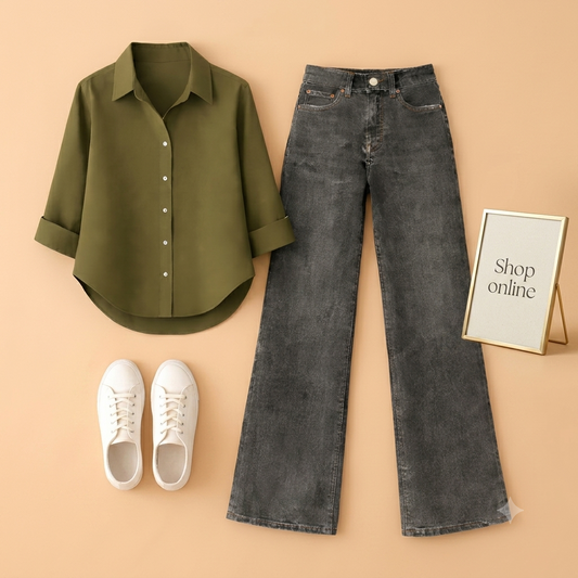 OLIVE GREEN BUTTON SHIRT WITH BLACK MALAYSIAN WIDE LEG JEANS