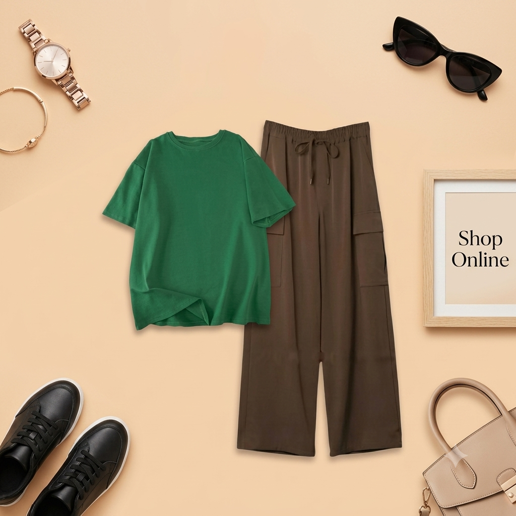 BOTTLE GREEN TSHIRT WITH BROWN CARGO TROUSER