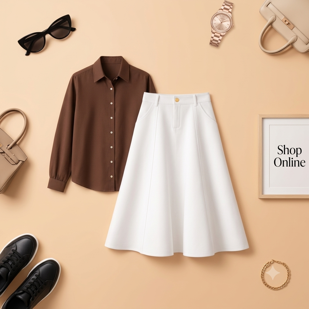 BROWN BUTTON DOWN WITH WHITE TWILL LONG SKIRT
