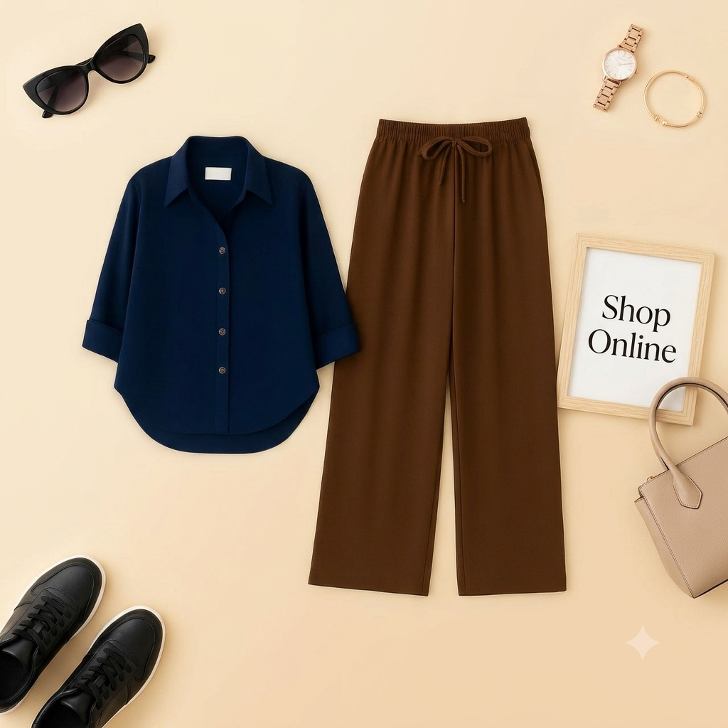 NAVY BLUE BUTTON SHIRT WITH BROWN FLAPPER
