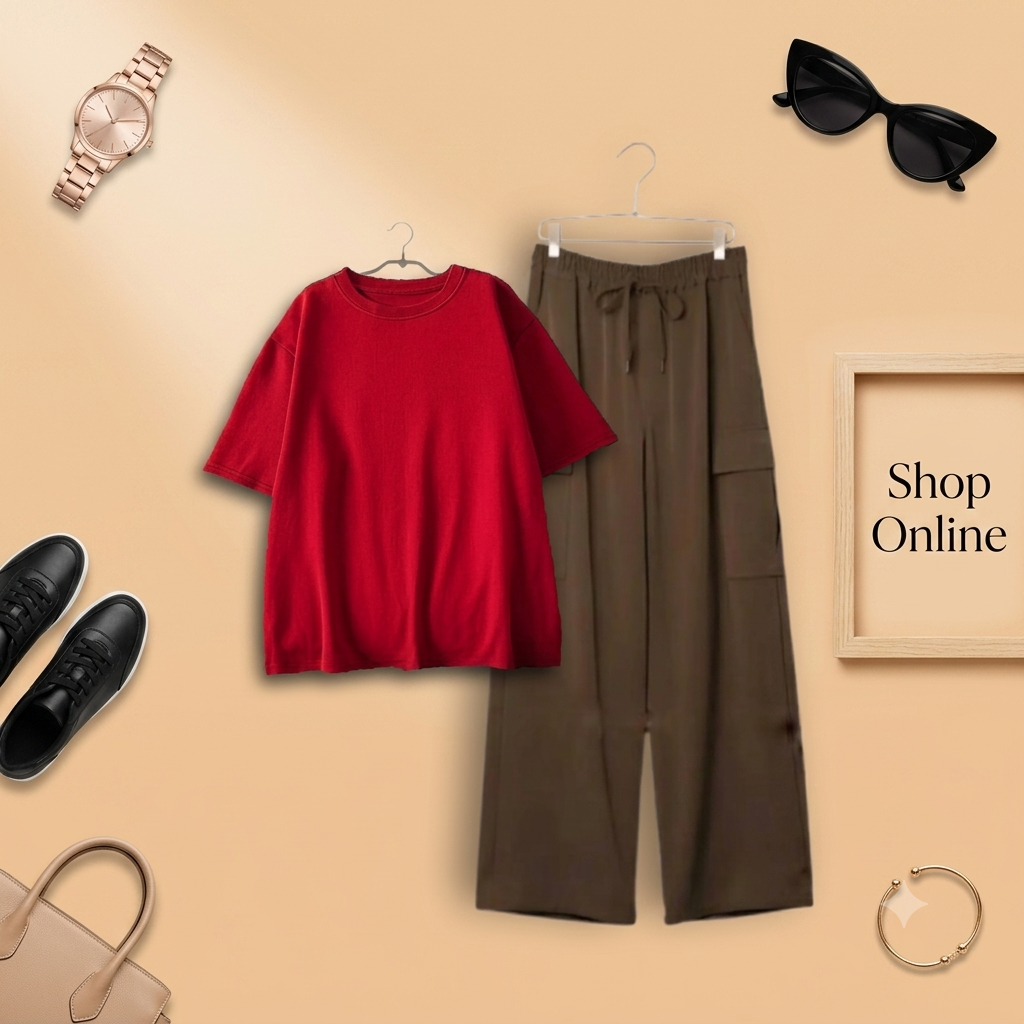 RED TSHIRT WITH BROWN CARGO TROUSER