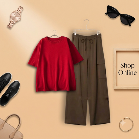 RED TSHIRT WITH BROWN CARGO TROUSER