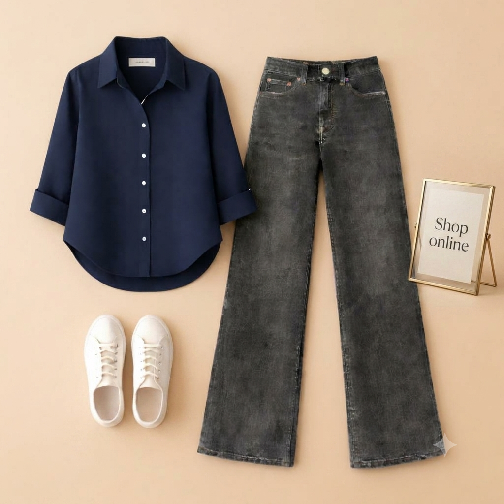 NAVY BLUE BUTTON SHIRT WITH BLACK MALAYSIAN WIDE LEG JEANS