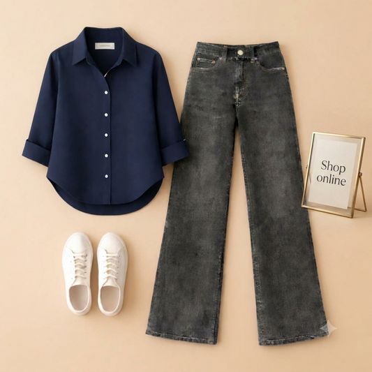 NAVY BLUE BUTTON SHIRT WITH BLACK MALAYSIAN WIDE LEG JEANS