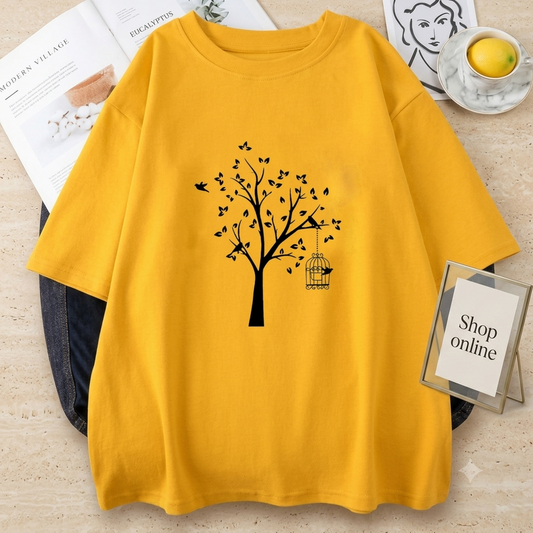 YELLOW TEE WITH TREE PRINTED