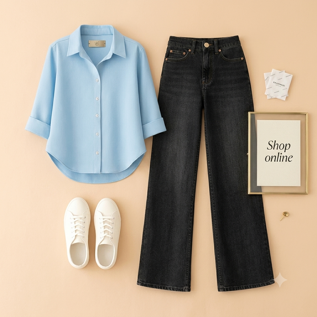 SKY BLUE BUTTON SHIRT WITH BLACK WIDE LEG JEANS