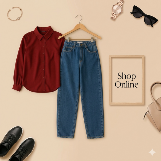 MAROON BUTTON SHIRT WITH SKY BLUE MOM JEANS