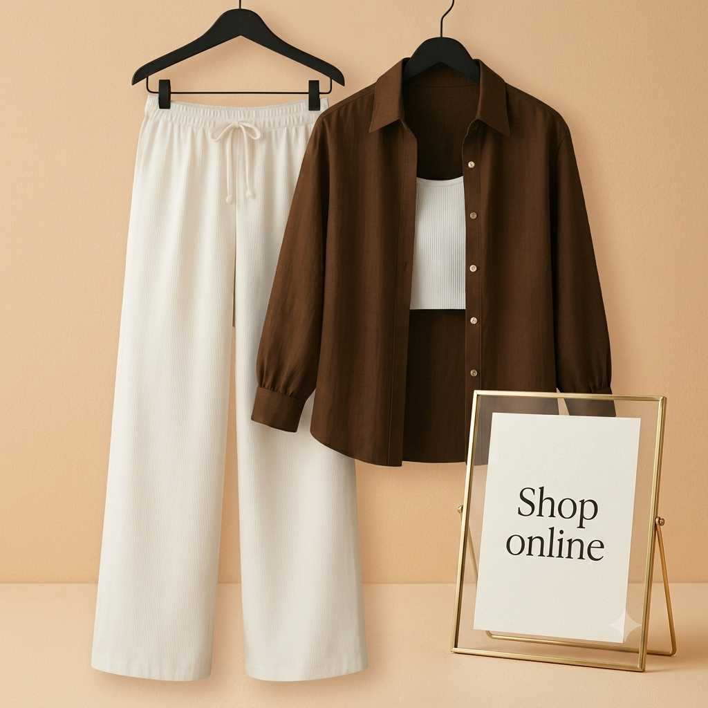 BROWN BUTTON SHIRT WITH WHITE FLAPPER AND WHITE TANK TOP