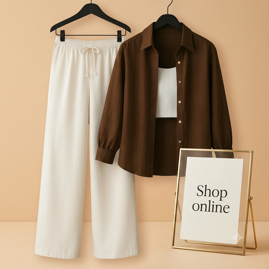 BROWN BUTTON SHIRT WITH WHITE FLAPPER AND WHITE TANK TOP