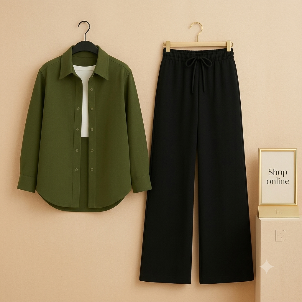 OLIVE GREEN BUTTON DOWN SHIRT WITH WHITE INNER AND BLACK WIDE LEG JEANS
