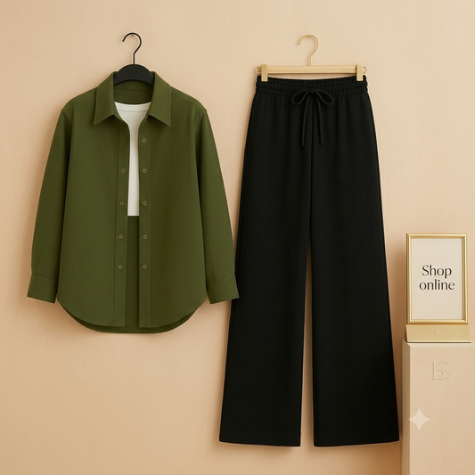 OLIVE GREEN BUTTON DOWN SHIRT WITH WHITE INNER AND BLACK WIDE LEG JEANS